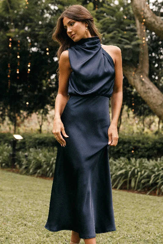 Midi dresses with cotton - blend materials for everyday comfort Anabelle Halter Neck Midi Dress - Navy Midi dresses with cotton - blend materials for everyday comfort Anabelle Halter Neck Midi Dress - Navy
