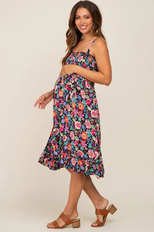 Maternity dress for a gender reveal party Black Floral Sleeveless Ruffled Maternity Dress Maternity dress for a gender reveal party Black Floral Sleeveless Ruffled Maternity Dress