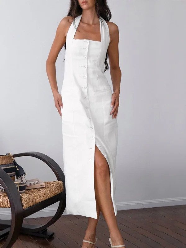 Midi dresses with lace - up fronts for a unique and adjustable style BerryBetty - Tied Halter Open Back Cotton Linen Midi Dress Midi dresses with lace - up fronts for a unique and adjustable style BerryBetty - Tied Halter Open Back Cotton Linen Midi Dress