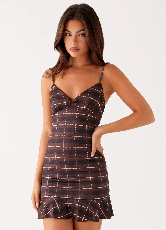 Mini dresses with cut - out details for a trendy look Karis Mini Dress - Brown Black Check Mini dresses with cut - out details for a trendy look Karis Mini Dress - Brown Black Check