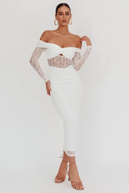 Midi dresses with tassel accents for a bohemian and free - spirited style Oliana Off-Shoulder Mesh Maxi Dress White Midi dresses with tassel accents for a bohemian and free - spirited style Oliana Off-Shoulder Mesh Maxi Dress White