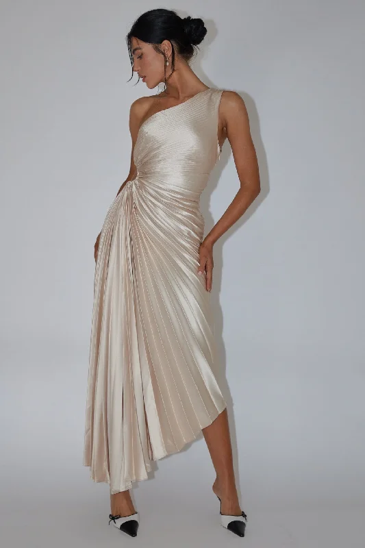 Midi dresses with side slits for a sexy and elegant appearance Brooklynn One-Shoulder Accordion Pleat Dress Champagne
