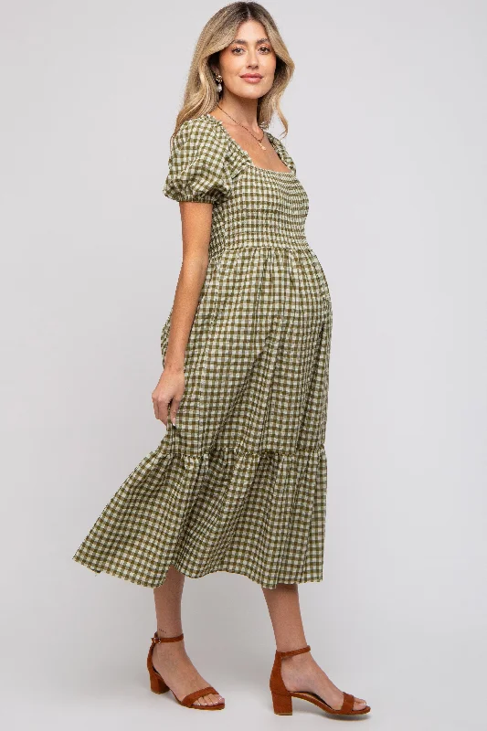 Maternity dress for a baby's first visit to the ballet Olive Gingham Smocked Maternity Midi Dress Maternity dress for a baby's first visit to the ballet Olive Gingham Smocked Maternity Midi Dress