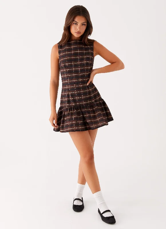 Floral print mini dresses for summer parties Arizona Mini Dress - Brown Black Check