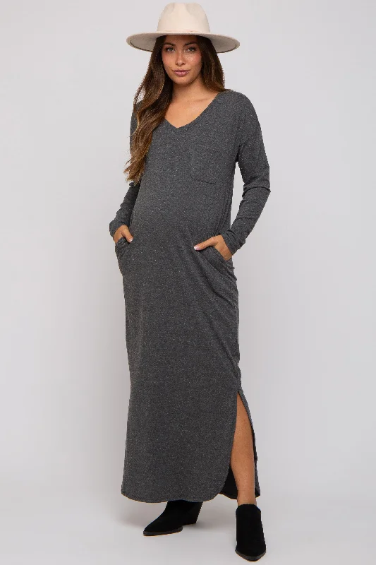 Maternity dress for a baby's first visit to the secret garden Charcoal Heathered Pocketed Long Sleeve Maternity Maxi Dress Maternity dress for a baby's first visit to the secret garden Charcoal Heathered Pocketed Long Sleeve Maternity Maxi Dress