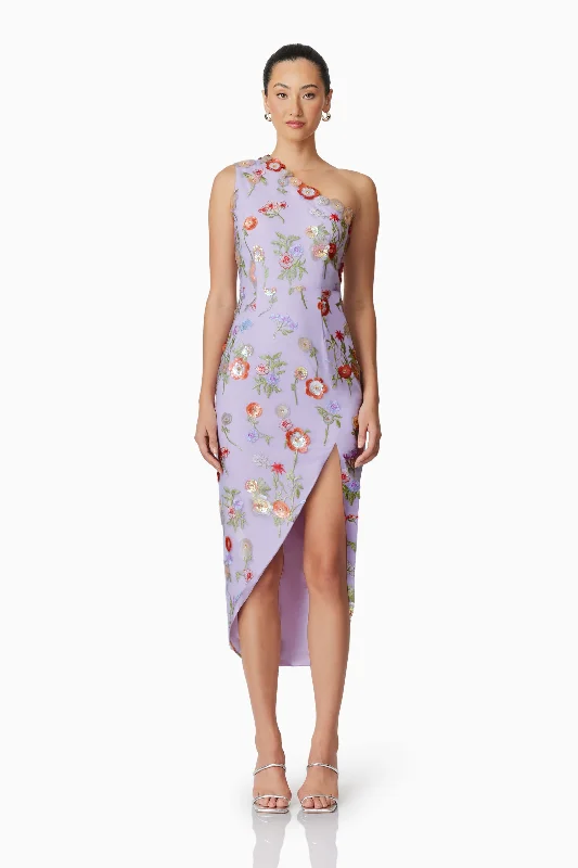 Midi dresses with sheer panels for a touch of allure Naya One Shoulder Midi Dress in Purple Midi dresses with sheer panels for a touch of allure Naya One Shoulder Midi Dress in Purple