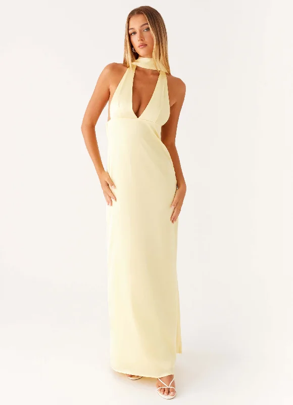 Everyday Dress with Sleeve Cuffs with Buttons for a Neat Finish Alicia Satin Halter Maxi Dress - Yellow Everyday Dress with Sleeve Cuffs with Buttons for a Neat Finish Alicia Satin Halter Maxi Dress - Yellow