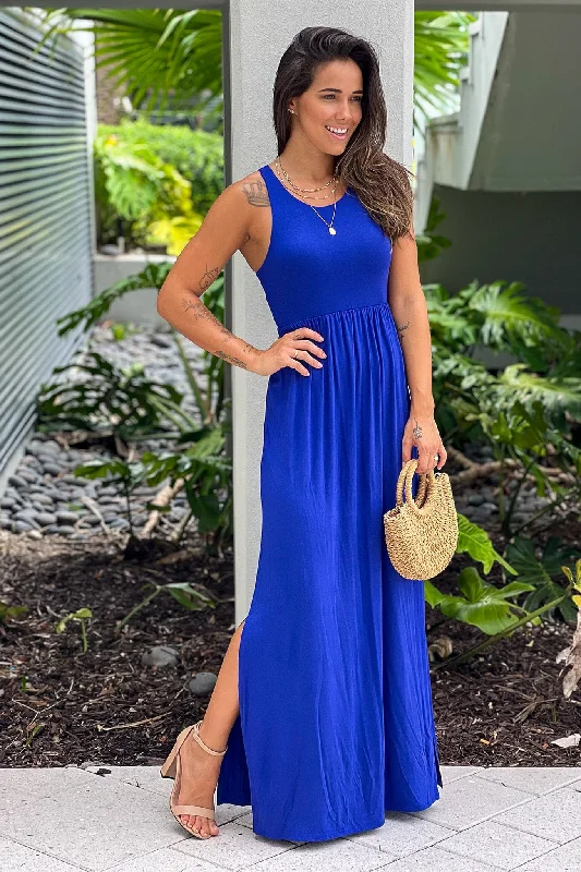  Royal Blue Racer Back Maxi Dress With Side Slit