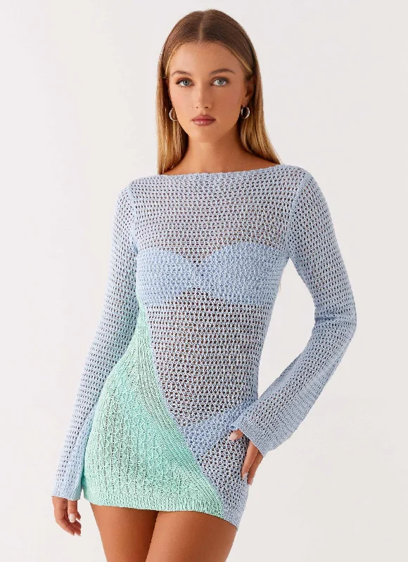 Mini dresses with pom - pom trims for a playful feel Estie Long Sleeve Crochet Mini Dress - Multi Mini dresses with pom - pom trims for a playful feel Estie Long Sleeve Crochet Mini Dress - Multi