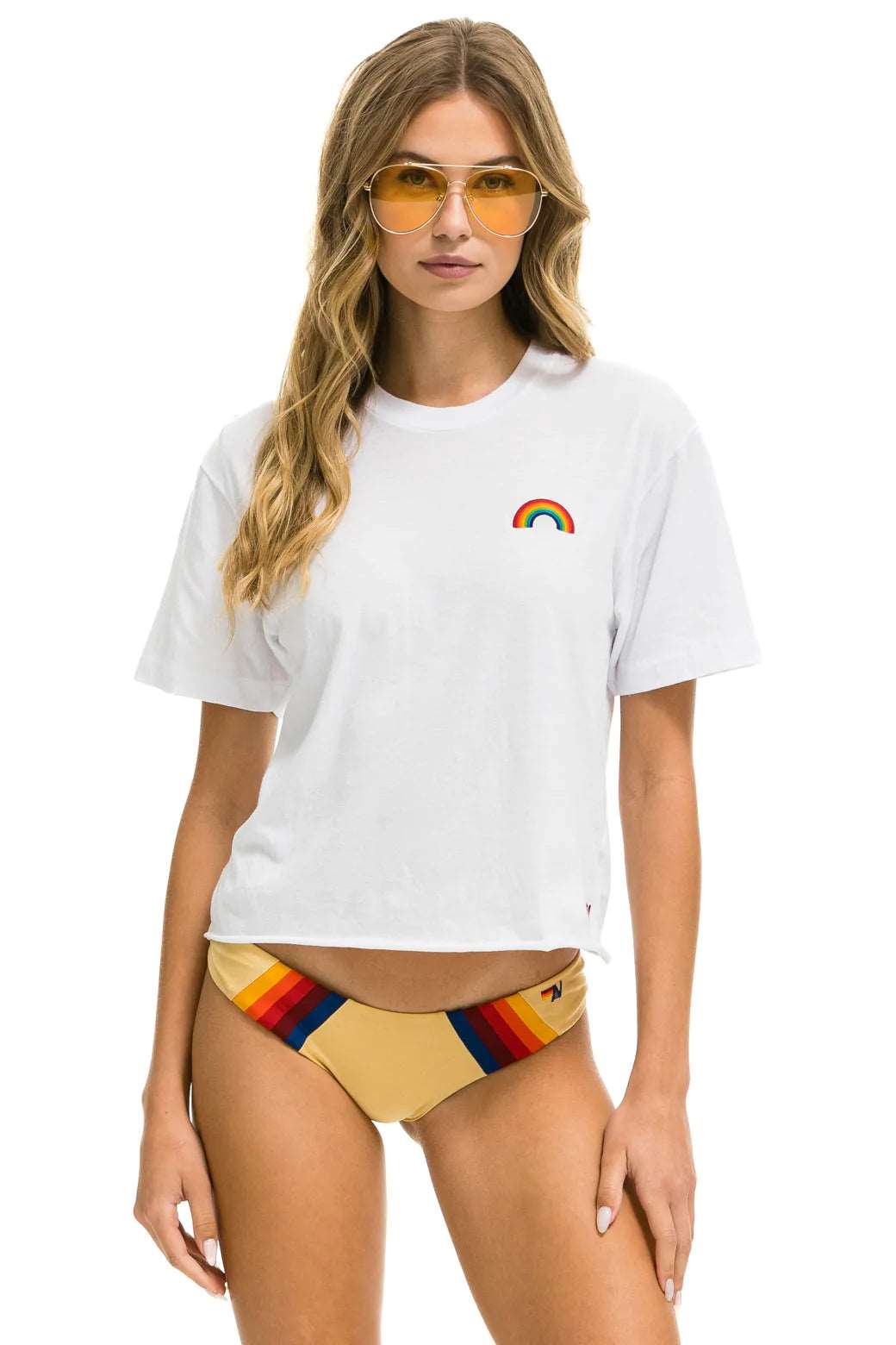 Women's sleep - wear briefs for bedtime comfortAviator Nation Women's Rainbow Embroidery Boyfriend Tee - White