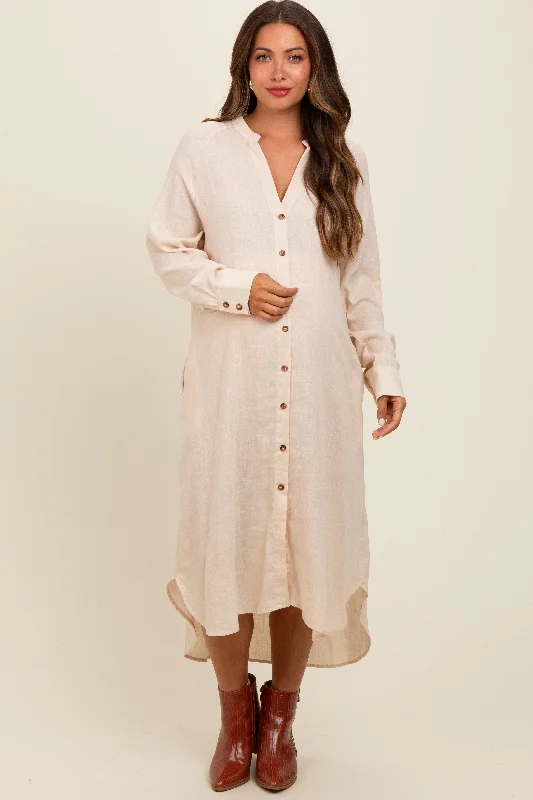 plus size nursing bras for breastfeeding momsBeige Button Down Maternity Midi Dress