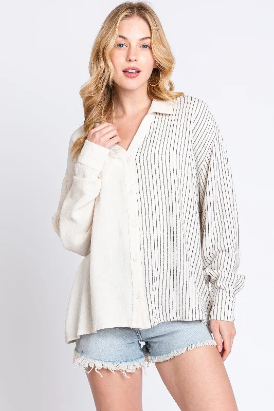convertible bras with adjustable strapsBeige Half Stripe Button Down Top
