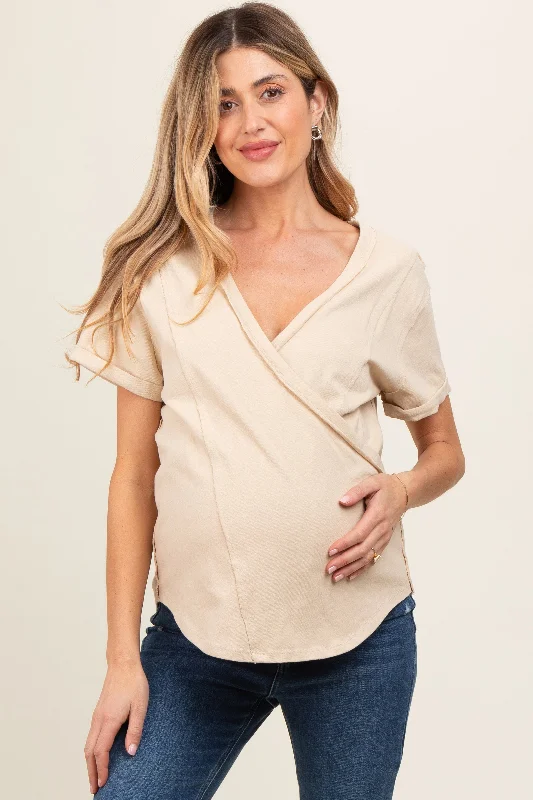 lace bras for a romantic lookBeige Wrap Short Sleeve Raw Hem Maternity Top