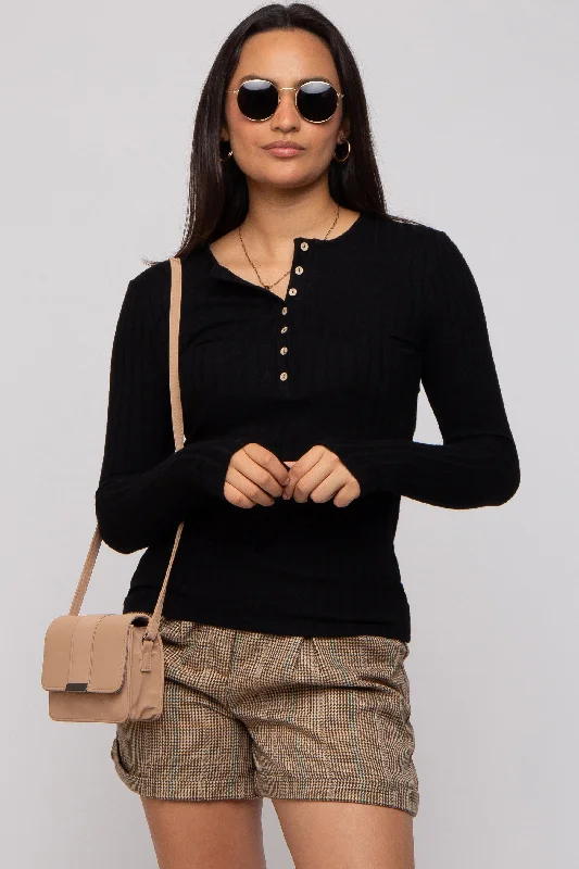 full cup nursing bras for better milk flowBlack Ribbed Knit Button Long Sleeve Top