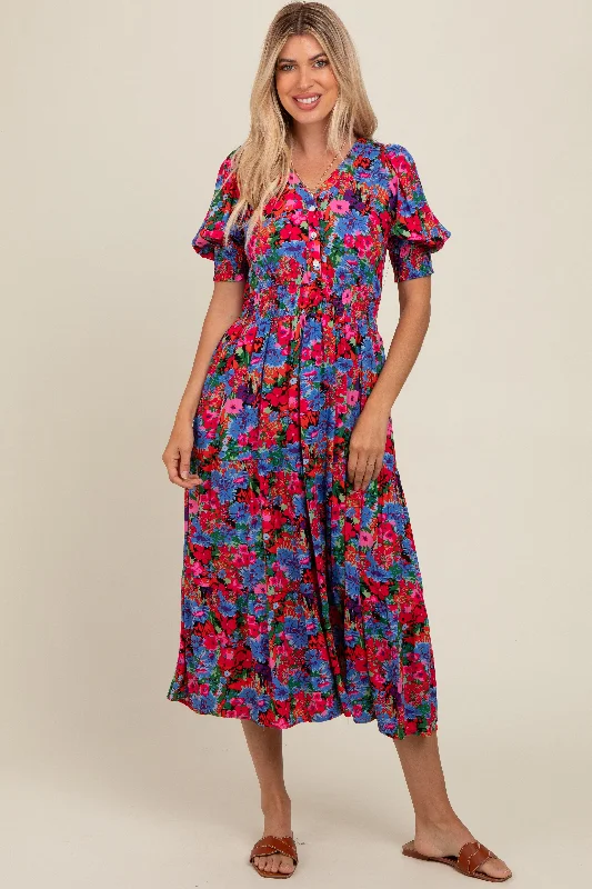 minimizer plus size bras for curvy figuresBlue Floral Smocked Waist Midi Dress