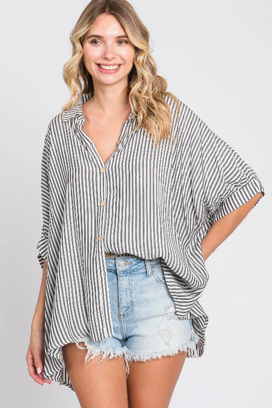 seamless sports bras for minimal chafingCharcoal Striped Button Up Dolman Top
