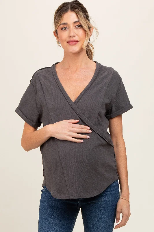 supportive underwire bras for large bustsCharcoal Wrap Short Sleeve Raw Hem Maternity Top supportive underwire bras for large bustsCharcoal Wrap Short Sleeve Raw Hem Maternity Top
