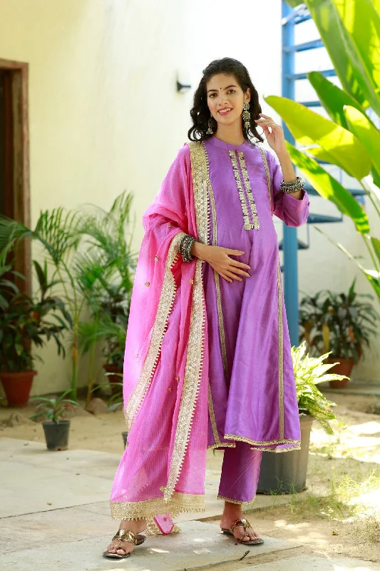 Luxe Purple Chanderi Maternity & Nursing Kurta + Bump Band Bottom + Dupatta (3 Pc)