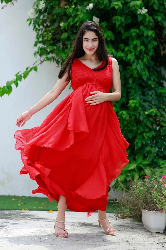 Luxe Scarlet Maternity & Nursing Pintucks Flow Dress