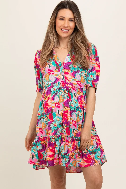 sleep bras for all night comfortPink Floral Button Short Sleeve Maternity Dress