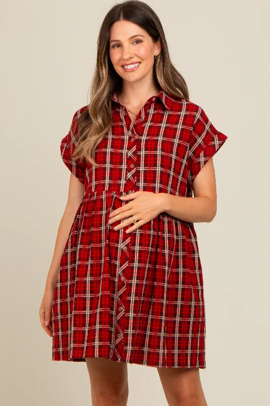 full cup nursing bras for better milk flowRed Plaid Rolled Cuff Sleeve Button Down Maternity Dress full cup nursing bras for better milk flowRed Plaid Rolled Cuff Sleeve Button Down Maternity Dress