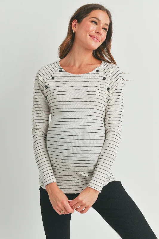 Striped Round Neck Nursing Top with Button Detail