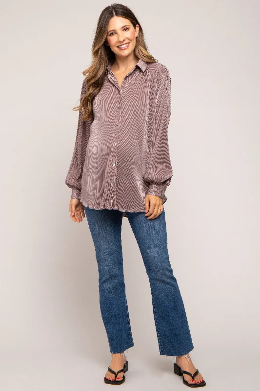 Taupe Plisse Button Up Long Sleeve Maternity Top