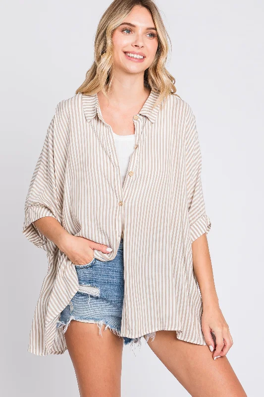 bralette sports bras for light exerciseTaupe Striped Button Up Dolman Top
