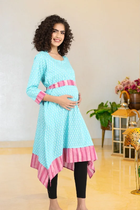 Turquoise Front Zip Nursing Kurta (100% Cotton)