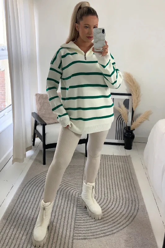 Alara Cream and Green Striped Zip Detail Knitted Jumper