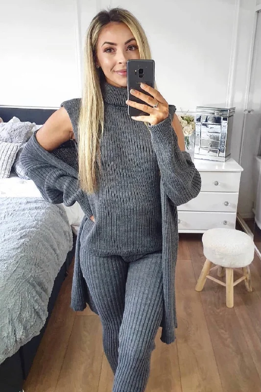 lightweight women cardigan for spring and fallAriannas Charcoal Roll Neck Knitted 3 Piece Loungewear Set lightweight women cardigan for spring and fallAriannas Charcoal Roll Neck Knitted 3 Piece Loungewear Set