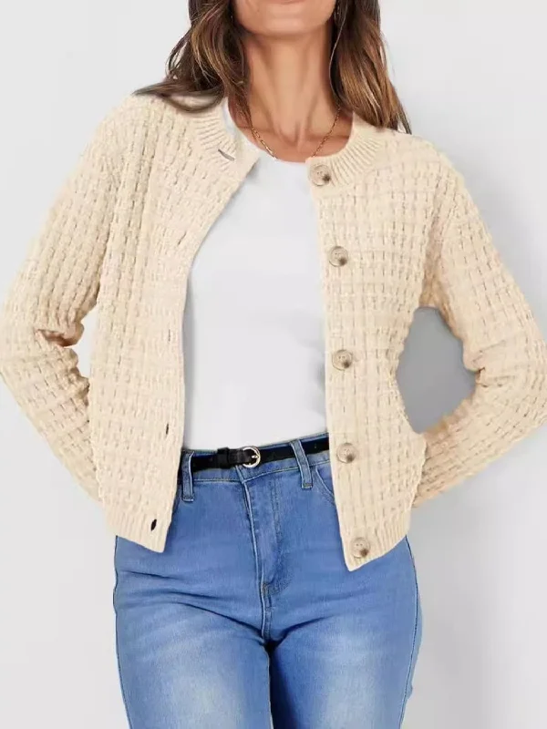 long length women cardigan with side slitsButton Up Round Neck Long Sleeve Cardigan