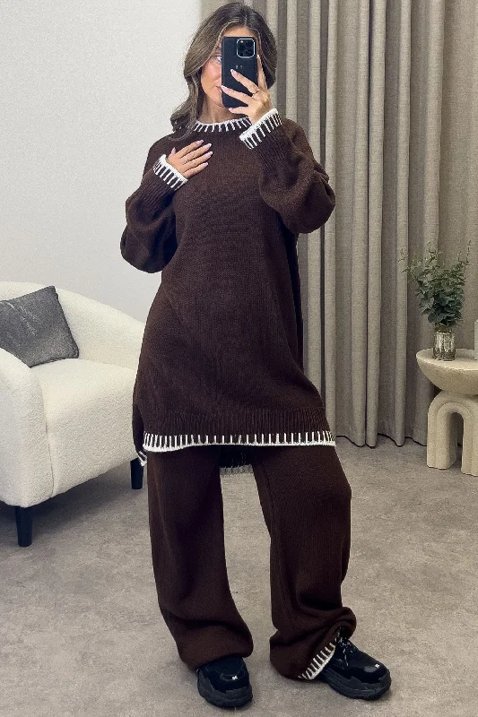 maternity women cardigan for expecting momsCamina Brown Contrasting Trim Knitted Jumper and Trousers Co-Ord Set maternity women cardigan for expecting momsCamina Brown Contrasting Trim Knitted Jumper and Trousers Co-Ord Set