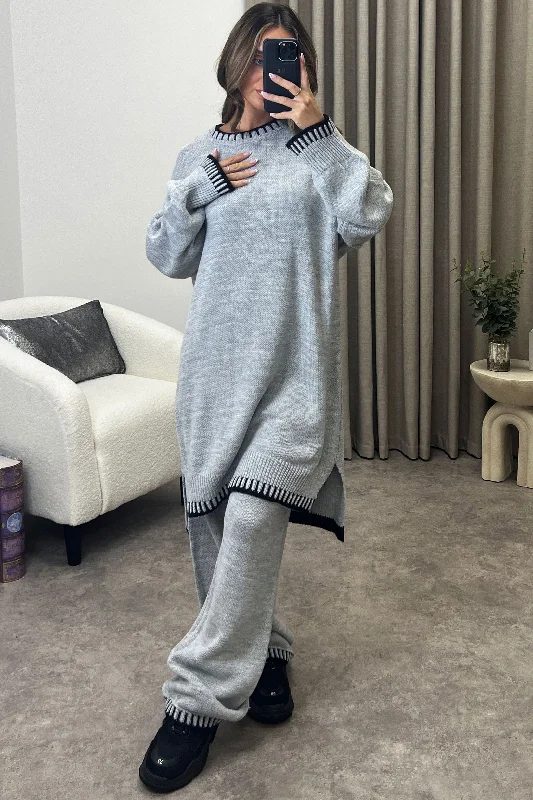 cable knit women cardigan with intricate patternsCamina Grey Contrasting Trim Knitted Jumper and Trousers Co-Ord Set cable knit women cardigan with intricate patternsCamina Grey Contrasting Trim Knitted Jumper and Trousers Co-Ord Set