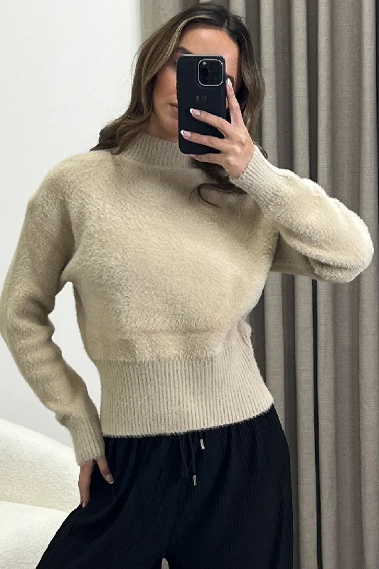 machine washable women cardigan for easy careCarie Beige Faux Fur High Neck Knit Jumper machine washable women cardigan for easy careCarie Beige Faux Fur High Neck Knit Jumper