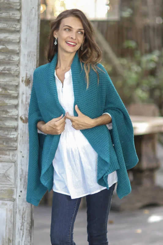 maternity women cardigan for expecting momsChic Warmth in Teal Patterned Knit Cotton Shawl in Teal from Thailand