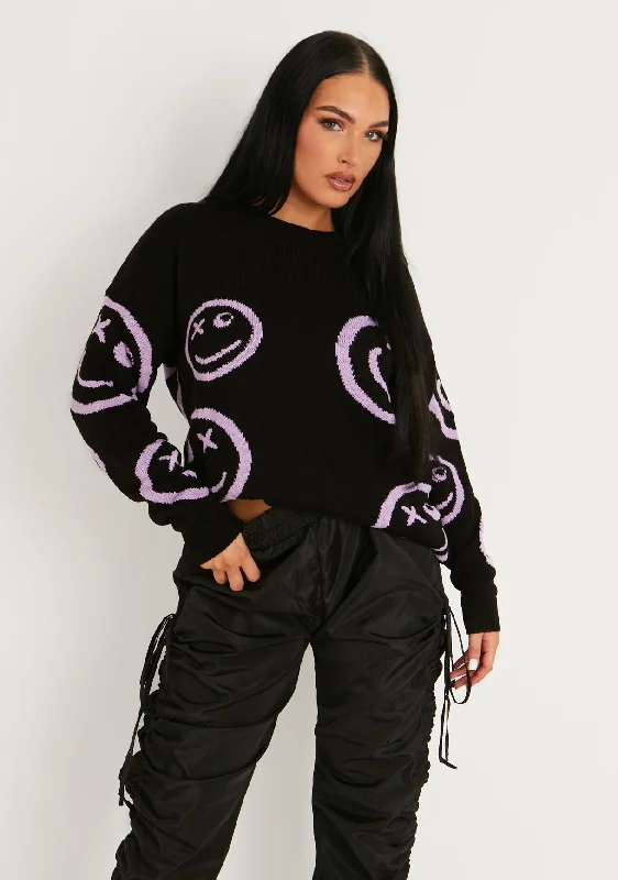 button down women cardigan with vintage buttonsCleo Black And Lilac Oversized Smiley Face Knitted Jumper button down women cardigan with vintage buttonsCleo Black And Lilac Oversized Smiley Face Knitted Jumper