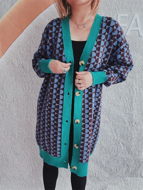 cropped women cardigan to pair with high - waisted jeansContrast Trim Geometric Button Down Cardigan cropped women cardigan to pair with high - waisted jeansContrast Trim Geometric Button Down Cardigan