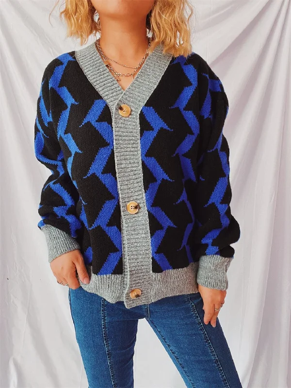 oversized women cardigan for a trendy and cozy lookContrast Trim Geometric V-Neck Long Sleeve Cardigan oversized women cardigan for a trendy and cozy lookContrast Trim Geometric V-Neck Long Sleeve Cardigan