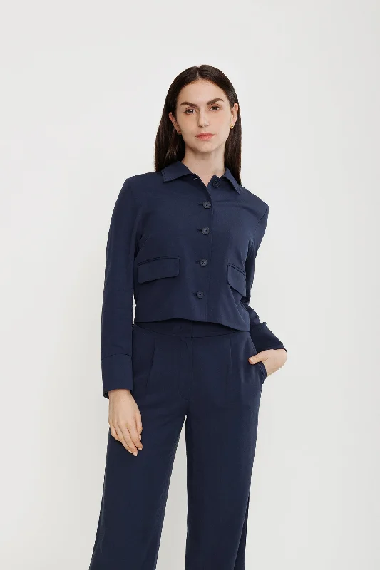 v neck women cardigan to elongate the necklineCropped Tencel Jacket - Deepwater