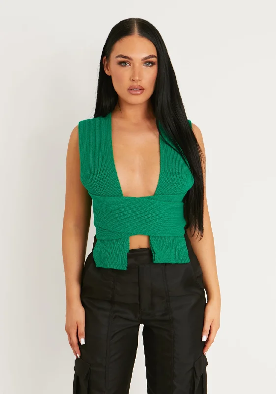 machine washable women cardigan for easy careDaphne Green Knitted Wrap Crop Top
