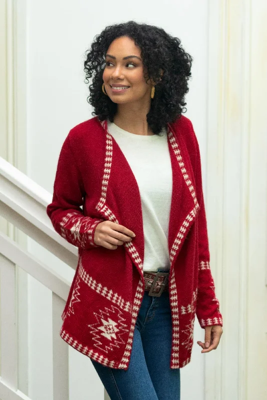 oversized women cardigan for a trendy and cozy lookGlyph Stars Red Alpaca Wool Cardigan with White Glyph Stars from Peru oversized women cardigan for a trendy and cozy lookGlyph Stars Red Alpaca Wool Cardigan with White Glyph Stars from Peru