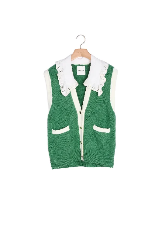 hand knitted women cardigan with artisanal charmCardicoat sans manches à col en dentelle hand knitted women cardigan with artisanal charmCardicoat sans manches à col en dentelle