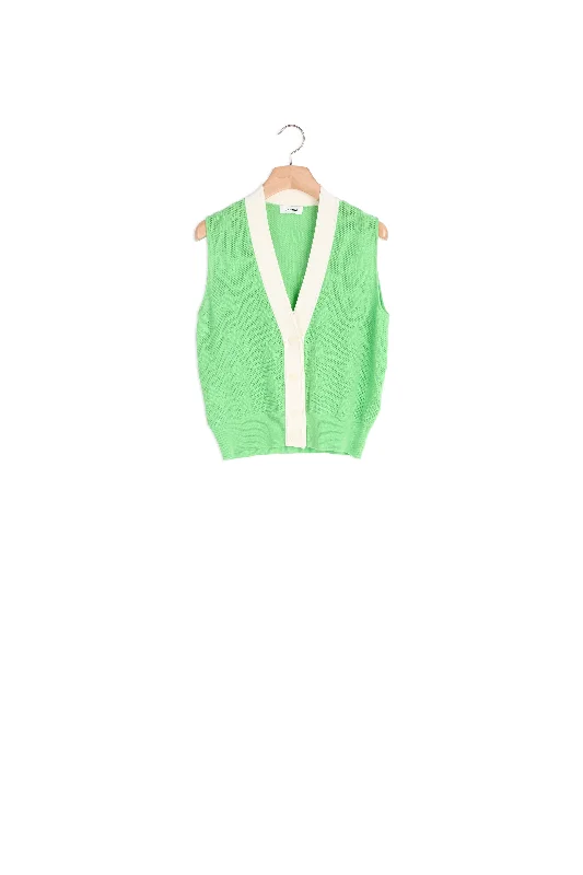 hand knitted women cardigan with artisanal charmGilet sans maches