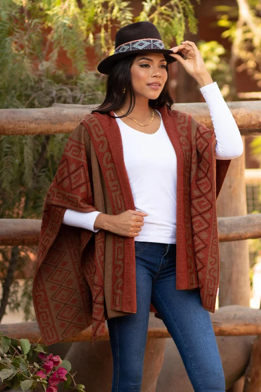 color block women cardigan with bold huesInca Adventure Reversible Sepia and Pumpkin Alpaca Blend Hooded Ruana color block women cardigan with bold huesInca Adventure Reversible Sepia and Pumpkin Alpaca Blend Hooded Ruana