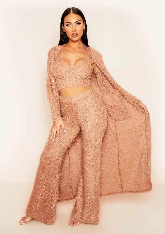 Kara Tan Fluffy Knit Pocket Front Maxi Cardigan