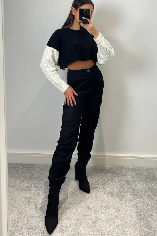 Kiki Black Colour Block Crop Knitted Jumper