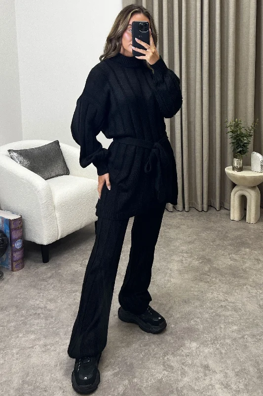 long length women cardigan with side slitsKila Black Belted Jumper and Trousers Knitted Loungewear Set long length women cardigan with side slitsKila Black Belted Jumper and Trousers Knitted Loungewear Set