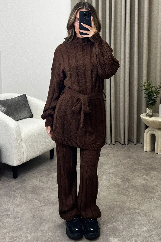 Kila Brown Belted Jumper and Trousers Knitted Loungewear Set