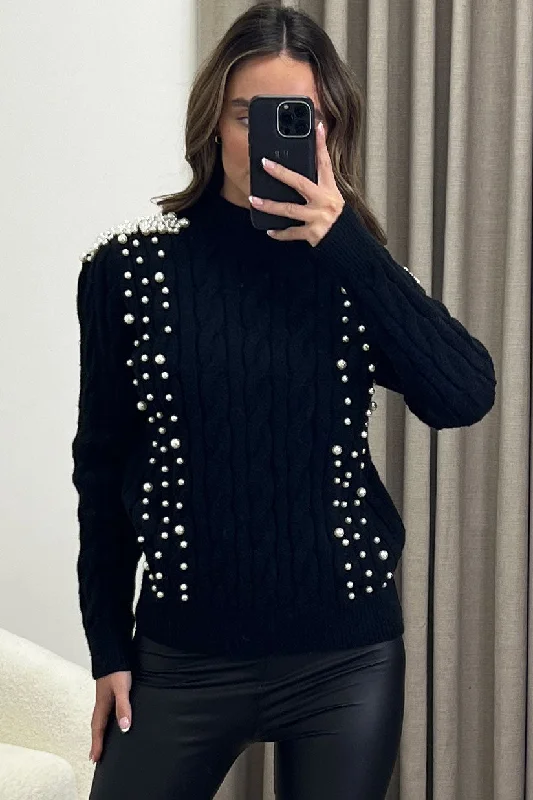 Marlene Black Bead Embellished Cable Knit Jumper